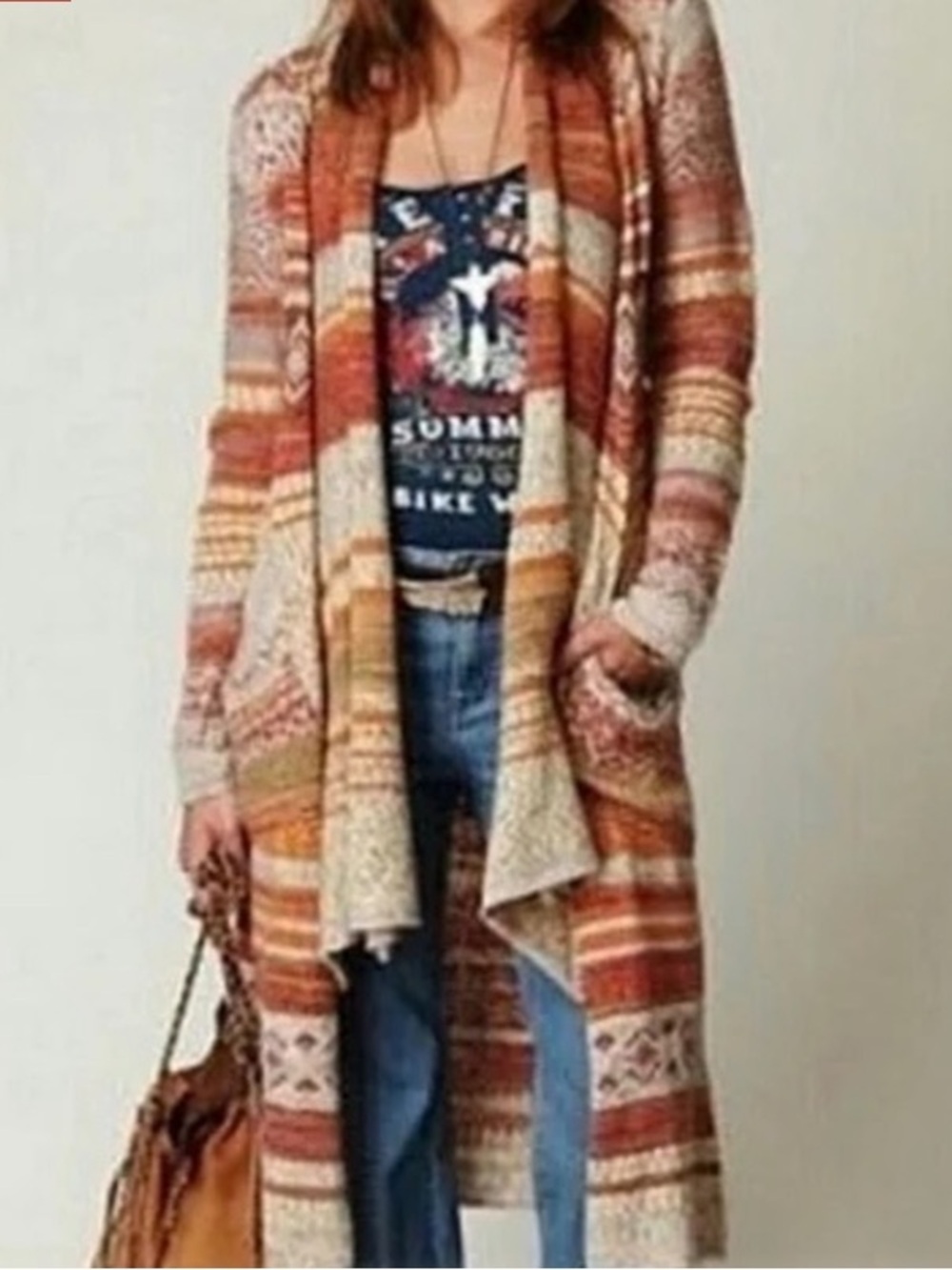 Free People S-S Cardigan Yesterday’s Smile Fairisle Aztec Wool Maxi  Duster
